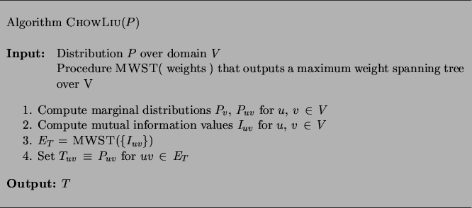 \begin{figure}
\begin{tabular}{l}
\hline
\\
Algorithm {\sc ChowLiu}$(P)$ \...
..._T$}\\
\\
{\bf Output:} $T$ \\
\\
\hline
\end{tabular}
\end{figure}
